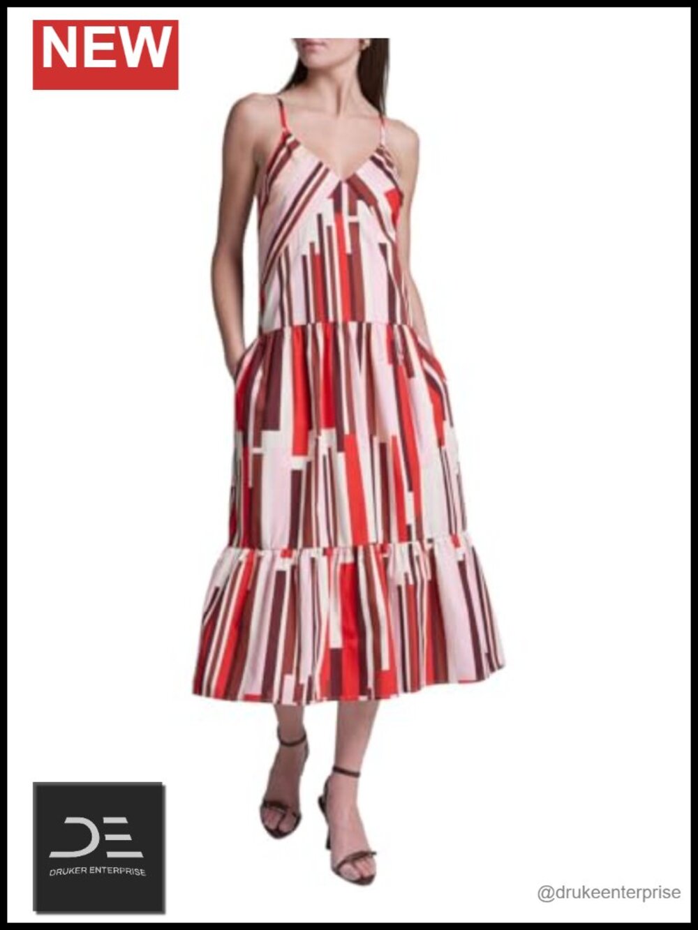 Striped Cotton A-Line Midi Dress Sleeveless V Neck